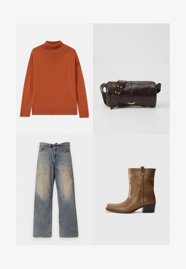 Pull à col roulé en orange brûlé, fabriqué en tricot doux. Caractéristiques : col et ourlet côtelés, silhouette décontractée et manches longues.; Jean en denim bleu clair avec une coupe ample et droite. Caractéristiques de décoloration, d'effilochage et de détails usés près des genoux. Style classique à cinq poches.; Bottine en cuir marron avec un orteil carré, une finition texturée et un petit talon empilé. Présente une languette à l'arrière et des détails de couture subtils.; Sac en cuir embossé crocodile marron avec une forme cylindrique, quincaillerie dorée et une bandoulière détachable ornée de clous.
