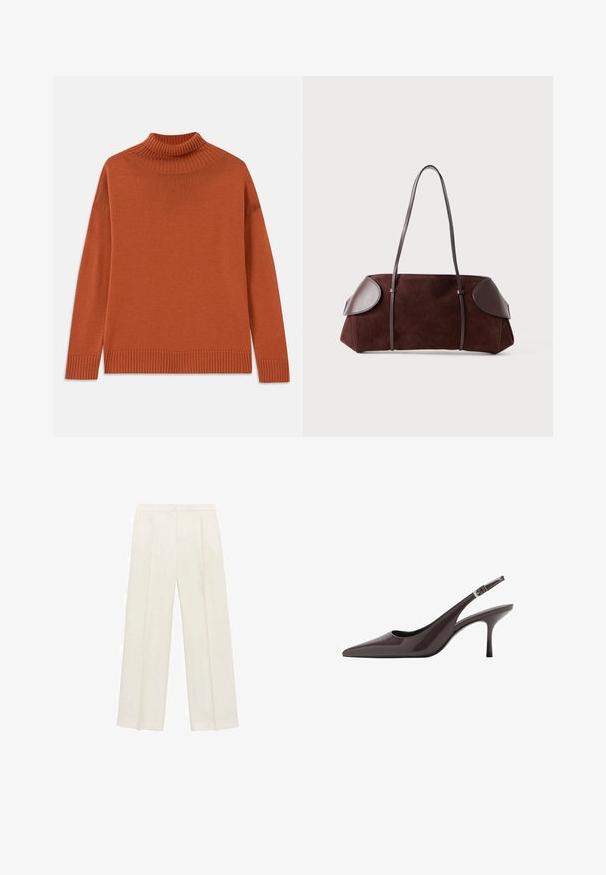 Turtleneck trui in verbrand oranje, gemaakt van zachte gebreide stof. Kenmerkt een geribde kraag en zoom, met een relaxte silhouet en lange mouwen.; Wijdgevallen broeken in een lichtcrème kleur. Gemaakt van een zachte stof met plooien aan de voorkant en zijzakken.; Puntige slingback hakken in donkerbruin lakleer, met een slanke hoge hak en een verstelbare enkelband met een gesp.; Bruine suède tas met leren accenten, gestructureerde vorm, dubbele schouderbanden en ronde randen, met een gladde textuur en minimale hardware.