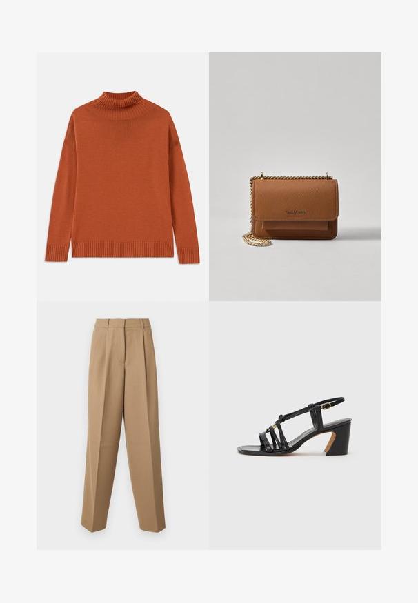 Tamsiai oranžinė tenklo pynė, pagaminta iš minkštos mezgininės medžiagos. Su įpjaustytu apykakle ir apvadu, atsipalaidavęs siluetas ir ilgos rankovės.; Bežinės pritaikytos kelnės su aukštu liemeniu, raukšlėtu priekiu ir plačiomis kojomis. Audinys atrodo lygus, su nedideliu blizgesiu.; Paul Smith AMIRA - Klasikiniai aukštakulniai - black; Ruda tekstūruota odinė per petį nešama rankinė su auksiniu grandininiu dirželiu ir užlenkiamo užsegimo. Priekinėje pusėje yra logotipo detalė ir kišenė po užlenkimu.