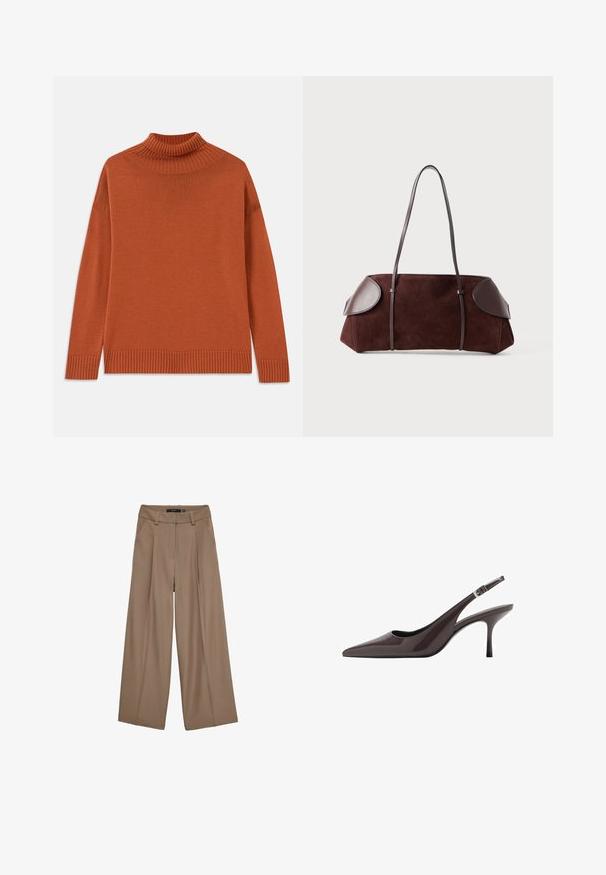 Turtleneck sweater i brændt orange, lavet af blødt strikket stof. Har en ribbet krave og kant, med en afslappet silhuet og lange ærmer.; Beige, vide bukser lavet af glat stof, med høj talje, frontplisseringer og sidelommer. Rent, skræddersyet design.; Spidse tå slingback hæle i mørkebrunt patentlæder, med en slank høj hæl og en justerbar ankelrem med spænde.; Brun ruskinds taske med læderdetaljer, struktureret form, dobbelte skulderstropper og afrundede kanter, som har en glat tekstur og minimal hardware.