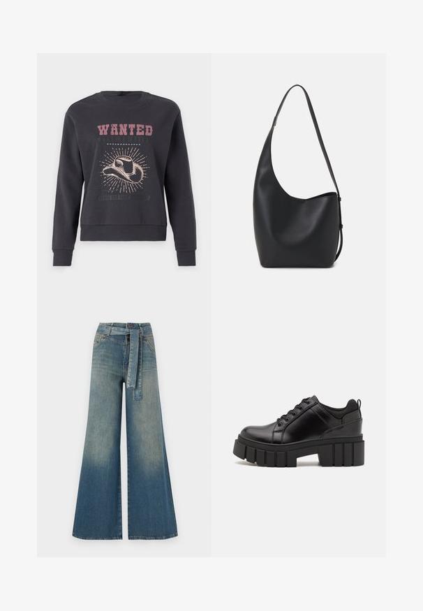 JDY JDYPARIS EMB NOOS - Sweatshirt - phantom; Bredde ben jeans med en lyseblå til mørkeblå gradient, høyt liv, beltehemper og et matchende belte i samme stoff. Teksturert denimoverflate.; Svarte lærplattformsko med kraftig blokkhell, rund tå og tradisjonell snøring. Har en jevn tekstur og minimal detaljering.; Svart lær hobo-veske med glatt tekstur, buet form og enkelt justerbart stropp; har en bred åpning på toppen.