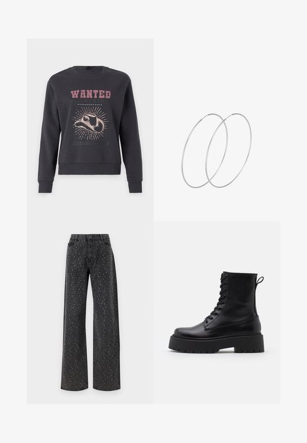 JDY JDYPARIS EMB NOOS - Pusa - phantom; Noisy May NMJANNEL LOOSE - Avar lõikega teksad - black denim; Mustad mustad nahast pahkluu saapad ümarate varvastega, nööridega esiosas ja paksu kummist talla ning tekstuuritud mustriga. Tagumine tõmbeaas.; Hõbedased rõngastikkaehingad minimalistlikus disainis. Ümar kuju, sile tekstuur ja õhuke profiil. Kerged ning poleeritud viimistlusega.