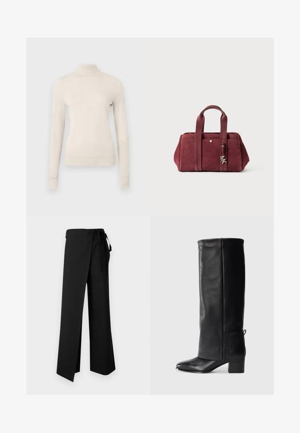 Light beige turtleneck sweater made of a soft knit fabric, featuring long sleeves and a delicate ruffled neckline detail.; Black wide-leg pants with a tie waist, featuring a smooth texture and a front slit, designed for comfort and ease of movement.; Black leather knee-high boots with a smooth finish, square toe, block heel, and side tie detail for adjustable fit.; Burgundy suede handbag with two top handles, zippered closure, front pocket, and metal charm accent. Rectangular shape with soft texture.