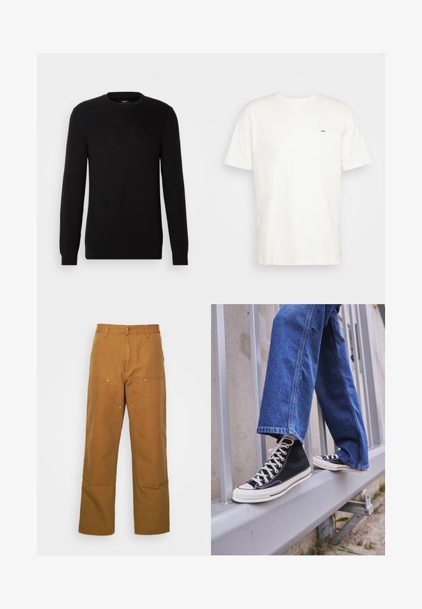 Pull en maille côtelée noir à col rond et manches longues. Le matériau semble doux avec une finition texturée, adapté à une tenue décontractée.; T-shirt en coton blanc avec encolure ras du cou, manches courtes et un petit logo noir "W.W." sur la poitrine gauche. Texture douce, coupe régulière.; Pantalons utilitaires en coton marron avec une coupe droite, dotés de poches avant et d'accents en métal pour une durabilité accrue.; Baskets montantes noires avec semelle et lacets blancs, associées à un jean en denim bleu décontracté, reposant sur un garde-corps gris.