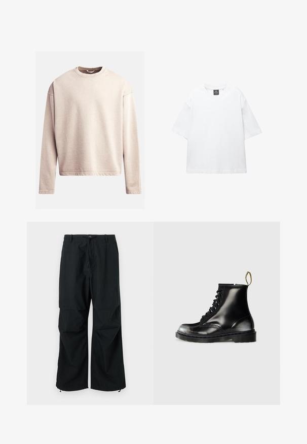 Ljusbeige sweatshirt med rund hals, långa ärmar och avslappnad passform. Slät tyg med synlig söm längs fållen och manschetterna.; Vit kortärmad t-shirt i bomull, med rund halsringning och avslappnad passform med rak nederkant. Inga mönster eller dekorationer.; Svarta, vida byxor med dragsko i midjan och elastiska muddar. Tillverkade av lätt, strukturerad tyg. Enkel design.; Svarta läderankelstövlar med en glänsande yta, åtta öglor, svarta snören och en dragtab. Har en texturerad sula med mönster.