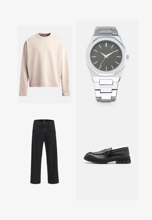 Gai béžs džemperis ar apaļu kaklu, garām piedurknēm un brīvu piegriezumu. Gluda auduma ar redzamām šuvēm ap apakšmalu un piedurkņu galiem.; Melna klasisko taisno kāju džinsu bikses ar pogu un rāvējslēdzēju, jostas cilpas, kā arī priekšējām un aizmugurējām kabatām.; Melni ādas loafers ar gludu apdari, ar priekšējo siksniņu un masīvu gumijas zoli ar izgriezumiem.; Sudraba analogais pulkstenis ar astoņstūru korpusu, pelēku ciparnīcu, sudraba stundu atzīmēm un nerūsējošā tērauda saiti. Minimālisma dizains ar gludu tekstūru.