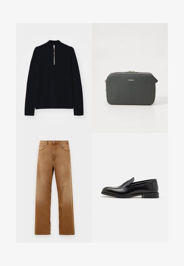 Top nero a maniche lunghe realizzato in un materiale morbido, con un colletto alto e una mezza zip sul davanti, dal taglio rilassato.; Jeans in denim marrone a gamba larga con vita alta, dotati di due tasche anteriori, chiusura con bottone e una sottile texture. Nessun motivo o dettaglio visibile.; Mocassini neri in pelle con una texture liscia, punta arrotondata e una striscia decorativa sulla tomaia. Tacco basso impilato, design minimalista.; Borsa a tracolla rettangolare nera con texture, dotata di doppia cerniera argentata e piccolo logo "Sandro" centrato sul fronte.