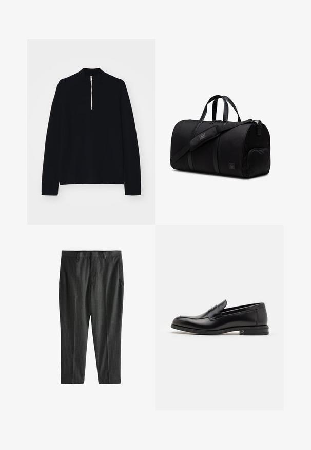 Čierny top s dlhým rukávom vyrobený z mäkkého materiálu, s vysokým stojačikom a polovičným zipsom vpredu, s voľným strihom.; Next STRIPE-REGULAR FIT - Nohavice chinos - charcoal grey; Čierne kožené mokasíny s hladkou textúrou, zaoblenou špičkou a dekoračným pásikom cez priehlavok. Nízky vrstvený opätok, minimalistický dizajn.; Čierna športová taška vyrobená z odolnej látky s koženými akcentmi, s dvojitými uchami, nastaviteľným ramenným popruhom a bočnou vreckom na zips.