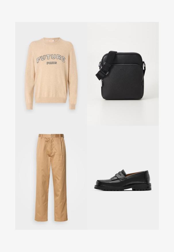 Beige sweater gemaakt van zachte stof, met een ronde halslijn, lange mouwen en de tekst "FUTURE PARIS" in donkere letters over de borst.; Khaki broek, katoenmix, recht model, voorplooien, riemlussen en knoopsluiting. Gladde textuur zonder patronen.; Zwarte leren instappers hebben een verhoogde naad, twee decoratieve banden op de bovenkant en een dikke, gestructureerde zool voor extra grip.; Zwarte leren schoudertas met een gestructureerd oppervlak, voorzien van een voorzak met rits, een verstelbare schouderband en metalen accenten.