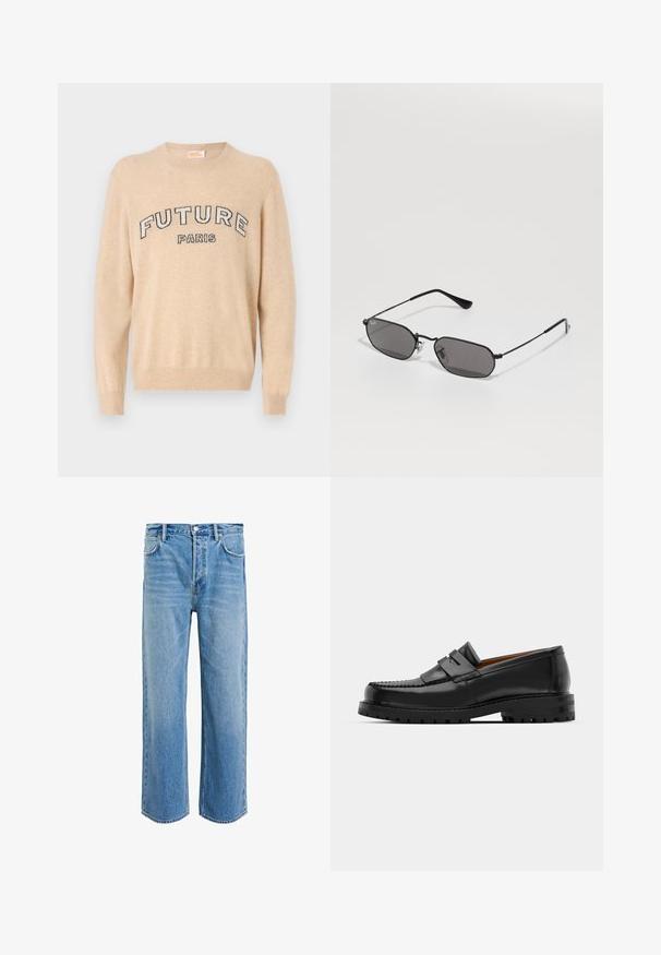 Beige Pullover aus weichem Material, mit Rundhals-Ausschnitt, langen Ärmeln und dem Text "FUTURE PARIS" in dunkler Schrift über der Brust.; Helleblaue, weit geschnittene Jeans aus Denim mit einer verblassten Optik. Verfügt über fünf Taschen und einen Knopfverschluss am Bund.; Schwarze Lederloafer verfügen über eine erhöhte Naht, zwei dekorative Riemen im oberen Bereich und eine dicke, strukturierte Sohle für zusätzlichen Halt.; Schwarze hexagonale Sonnenbrille mit dünnem Metallrahmen und dunklen Gläsern, die auf einer weißen Oberfläche liegen.