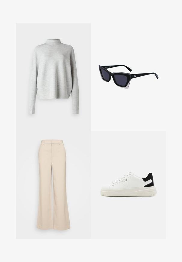 Pulover turtleneck gri deschis, realizat dintr-un material moale, cu mâneci lungi și o croială lejeră, având o textură fină și netedă.; Pantaloni bej cu croi larg, cu o textură netedă, având o talie înaltă și două buzunare frontale. Design curat cu o croială adaptată.; Adidași din piele albă cu o talpă groasă albă, accent de călcâi din suede negru și logo embosat pe lateral. Design cu șireturi și șase orificii.; Ochelari de soare supradimensionați, negri, cu o formă geometrică, având lentile întunecate și un detaliu gri contrastant pe ramă. Logo pe braț.