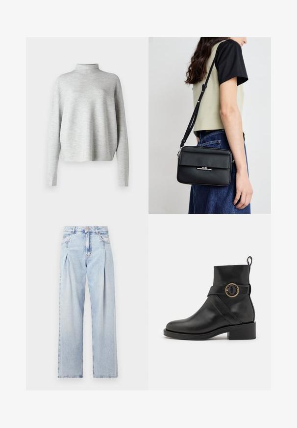 Light gray turtleneck sweater, made of soft fabric, featuring long sleeves and a relaxed fit, with a smooth, fine texture.; Light blue denim jeans with a high waist, wide-leg cut, two side pockets, and pleated design feature. Soft texture with a faded finish.; BOSS IRYNA BOOTIE - Platform ankle boots - black; Calvin Klein LINEAR CAMERA BAG - Cross body bag - black
