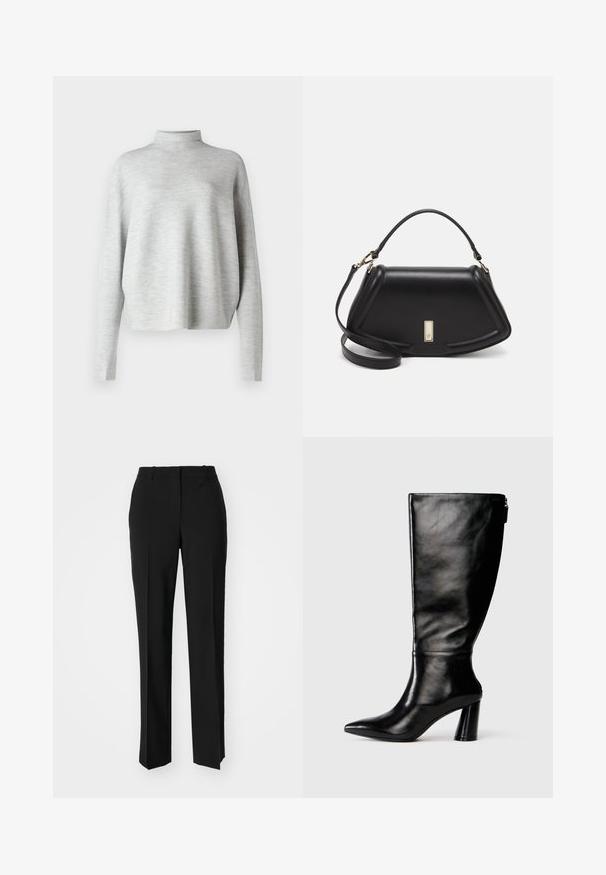 Hellgrauer Rollkragenpullover aus weichem Stoff, mit langen Ärmeln und lockerer Passform, mit einer glatten, feinen Textur.; Schwarze, taillierte Hose mit geradem Bein, aus einem glatten Stoff und mit klaren Falten an der Vorderseite. Keine sichtbare Hardware.; Knöchelhohe schwarze Lederstiefel mit einer spitzen Zehe, glatter Oberfläche und einem klobigen Absatz. Verfügt über einen Reißverschluss hinten.; Schwarze Lederhandtasche mit einem strukturierten Design, das eine verkürzte Form, einen oberen Griff und goldfarbene Hardware-Details aufweist. Verstellbarer Schulterriemen ist enthalten.