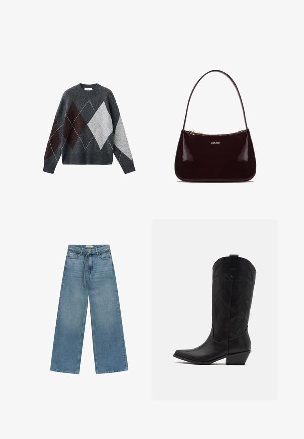 Szary sweter z okrągłym dekoltem, ozdobiony wzorem w romby w odcieniach brązu, szarości i bieli. Wykonany z miękkiego materiału. Długie rękawy.; Długo rękawna, burgundowa koszula zapinana na guziki z pionowymi białymi i kolorowymi pasami, z klasycznym kołnierzykiem i zaokrąglonym dołem.; Szerokie niebieskie dżinsy z średnim praniem. Posiadają elastyczny ściągacz w talii, przednią kieszeń oraz gładkie wykończenie bez dodatkowych zdobień.; Czarne skórzane kowbojskie buty z wydłużonym noskiem, niskim, szczotkowanym obcasem oraz misternym tłoczonym wzorem liści na cholewie. Pętla u góry ułatwiająca zakładanie.; Burgundowy lakierowany skórzany torebka z gładką teksturą, zakrzywionym wzorem, pojedynczym paskiem na ramię i złotym logo "kazar" z przodu.