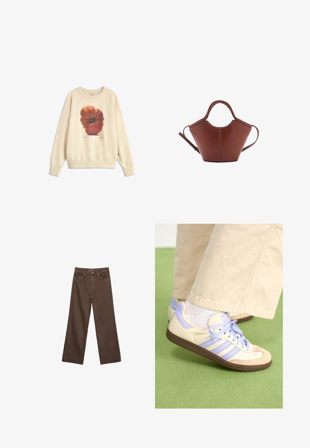 Cream sweatshirt featuring a large graphic of a red-orange tomato on the front. Ribbed cuffs and hem, with a relaxed fit and soft texture.; Wide-leg brown jeans made of denim, featuring a high waist, front pockets, and a classic button closure. Smooth texture with subtle stitching.; Cream and lavender sneakers with three stripes and a textured brown sole, featuring laces and a padded heel. Soft fabric upper.; Brown leather handbag with a conical shape, sturdy handles, and contrasting white stitching. Features a detachable shoulder strap for versatility.