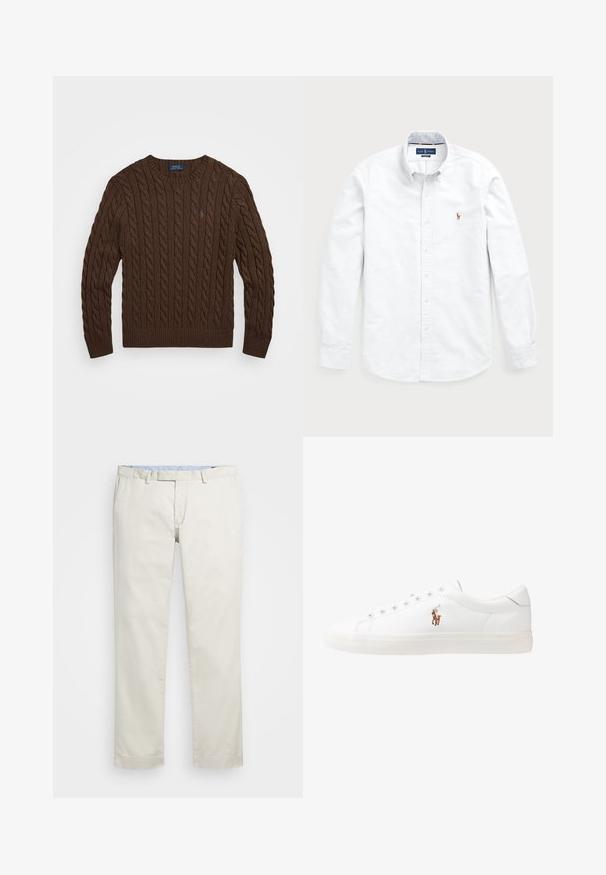 Καφέ πουλόβερ με πλέξη καλωδίου και ριγωτό λαιμόκοψη και στρίφωμα. Διαθέτει ένα μικρό λογότυπο στην αριστερή πλευρά του στήθους. Κατασκευασμένο από υφαντό ύφασμα.; Λευκό πουκάμισο με μακρύ μανίκι, φτιαγμένο από βαμβάκι. Διαθέτει κολάρο με ανοιχτή γραμμή, κουμπί κλεισίματος και μικρό κεντητό λογότυπο στο στήθος.; Μπεζ βαμβακερές chinos με επίπεδο μπροστινό μέρος, θηλιές ζώνης και πλάγιες τσέπες. Σχεδίαση ίσιων ποδιών με μαλακή υφή και ελαφριά, αναπνεύσιμη αίσθηση.; Λευκά δερμάτινα sneakers, χαμηλού σχεδιασμού, με απαλή υφή, στρογγυλή μύτη, δέσιμο μπροστά και μικρό κεντημένο λογότυπο στο πλάι.
