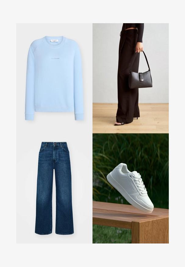 Gaiši zilas krāsas džemperis ar apaļu kakla izgriezumu, ribu aprocēm un apakšu. Centrā iespiests smalks logotips. Izgatavots no mīkstas auduma.; Augsti vidukļa, plata kāju džinsi tumši zilā denima ar gludu tekstūru, kontrastējošu šuvju un piecu kabatu dizainu. Priekšpuses pogu aizdare.; Baltie sporta apavi ar gludu sintētisku augšpusi, perforētu pirkstu daļu, plakani šņorēm un rakstainu zoli, novietoti uz koka virsmas.; Melnā somiņa ar strukturētu formu, gludu tekstūru un metālu sprādzi. Saskaņota ar platām melnām biksēm un sandālēm ar atvērtu purngalu uz koka grīdas.