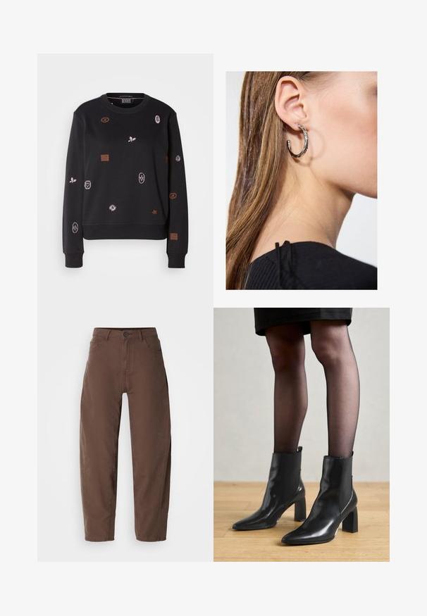 Sweatshirt preto com mangas compridas, apresentando padrões bordados coloridos, incluindo folhas e formas geométricas, com punhos e bainha canelados.; Calças retas castanhas com botão e fecho à frente, passantes para cinto e bolsos laterais, exibidas sobre um fundo branco.; Botas de tornozelo em couro preto com bico fino, salto quadrado robusto e design elegante. Apresenta painéis laterais elásticos para facilitar o calçar.; Brinco de argola prateada com acabamento polido, apresentando pequenos detalhes em dourado e uma forma redonda, usado na orelha.