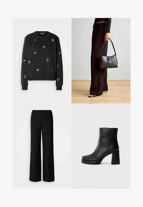 Črna majica s dolgimi rokavi, ki vsebuje pisane vezenine, vključno z listi in geometrijskimi oblikami, z rebrastimi manšetami in robom.; Črne široke hlače iz gladkega materiala, z visokim pasom, krojenimi šivi in minimalističnim dizajnom. Brez vidnih zakov ali žepov.; Črne usnjene gležnjarje z blok peto in platformo, prikazane s strani na enobarvni beli podlagi.; Črna torbica z strukturirano obliko, gladko teksturo in kovinskim zaponko. Ujemajo se z širokimi črnimi hlačami in odprtimi sandali na lesenem tleh.