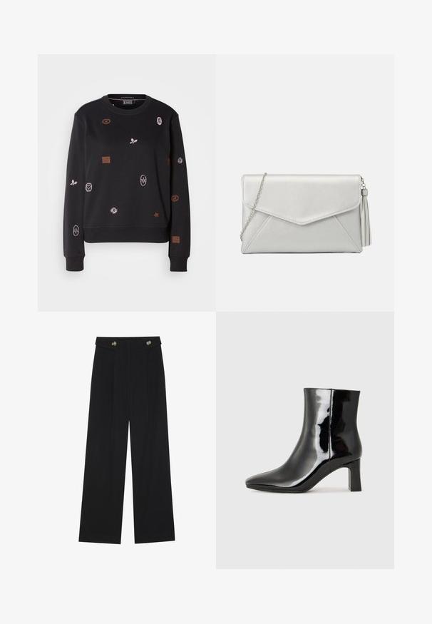 Sweatshirt preto com mangas compridas, apresentando padrões bordados coloridos, incluindo folhas e formas geométricas, com punhos e bainha canelados.; Calças largas pretas com cintura alta, detalhes em botão na cintura e pregas frontais.; Botim de tornozelo em pele sintética preta com bico apontado e salto bloco de altura média. Textura suave e design minimalista.; Clutch bag de pele sintética prateada com um design em envelope, alça de corrente e um detalhe de pompom de um lado, apresentando costuras angulares.