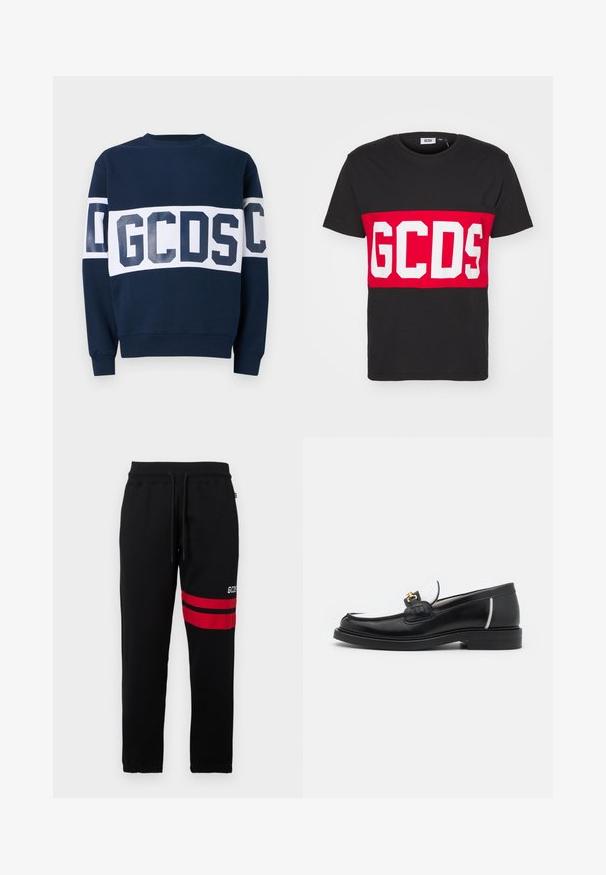 GCDS BAND LOGO CREWNECK - Sweatshirt - deep blue/white; GCDS BAND LOGO REGULAR - T-shirts med print - black; Svart joggebukse med kontrasterende røde striper og logo på siden. Har elastisk midjebånd med snøring og innsnevrede ankelmanchetter.; Sorte læder loafersko med rund tå, hvide accenter og guldfarvet hardware på vampen. Har en tekstureret lap og stablet hæl.