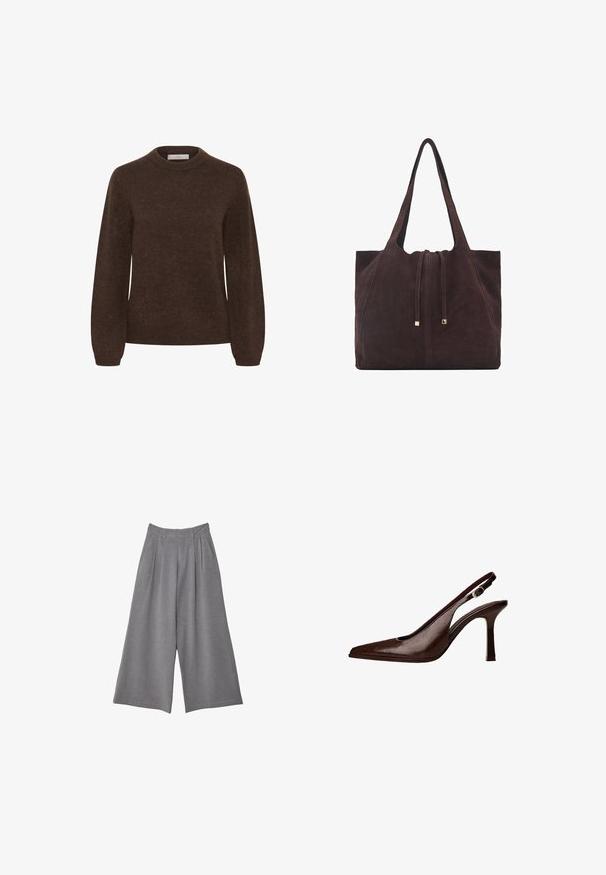 Maglione marrone lavorato a maglia con scollo rotondo, maniche lunghe e una consistenza morbida, caratterizzato da un design semplice senza motivi o decorazioni.; Pantaloni larghi grigi in tessuto testurizzato, con pince in vita e due tasche laterali. Progettati con una vestibilità a vita media.; Scarpa pump slingback in pelle marrone con punta affusolata e tacco sottile. Presenta una piccola fibbia decorativa sulla cinghia e una finitura lucida.; Mango Shopping bag - dark brown