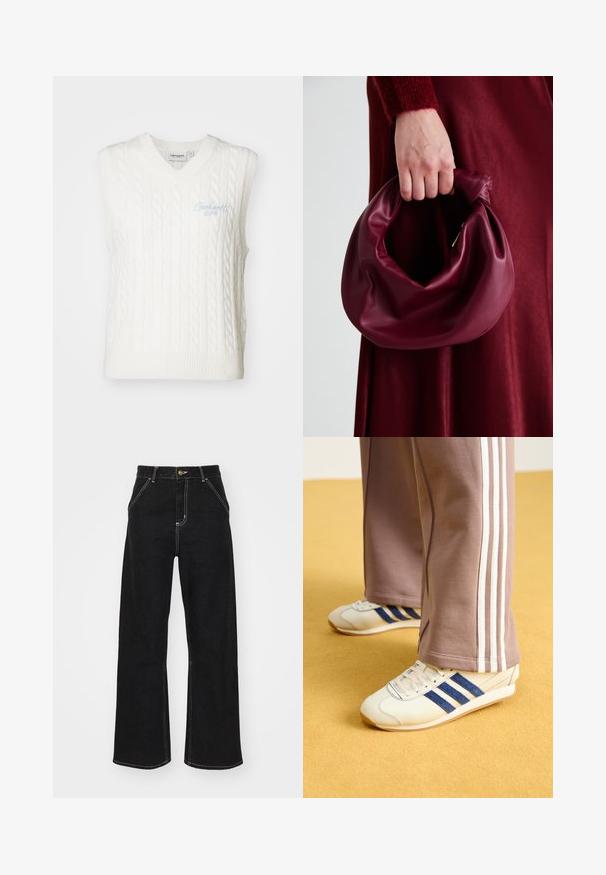 Bílý bezrukávový svetr s V-výstřihem a designem s kabelovým pletením. Na přední straně se nachází vyšitá značka světle modré barvy. Texturovaná pletená tkanina.; Černé široké džínsy vyrobené z denimu, s kontrastním bílým prošitím a předním zapínáním na knoflík, se dvěma šikmými předními kapsami.; Krémové tenisky s modrými semišovými pruhy, bílými tkaničkami a gumovou podrážkou. Spárovány se šedými tepláky s bílými bočními pruhy.; Burgundská kožená kabelka s měkkým, nabíraným designem a zaobleným tvarem. Ucho je zajištěné a vykazuje hladkou texturu.