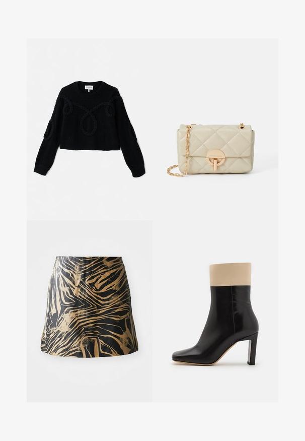 Adītas melnas džemperis ar īsu dizainu, teksturētu audumu un pīvotām akcentiem priekšpusē un piedurknēs.; Melnā un zelta svārku dizains ar zebras svītru rakstu, izgatavots no gludas materiāla, ar pieguļošu formu un augsto jostasvietu.; Melna ādas potīte ar krēmkrāsas akcentu augšpusē, smailu pirkstu un augstu sudraba akcentētu papēdi. Gluda tekstūra bez redzamām rakstu zīmēm.; Kviltota bež krāsas ādas rokassoma ar zelta ķēdes siksnu un apaļu aizdari, ar smalku logo un strukturētu taisnstūra formu.