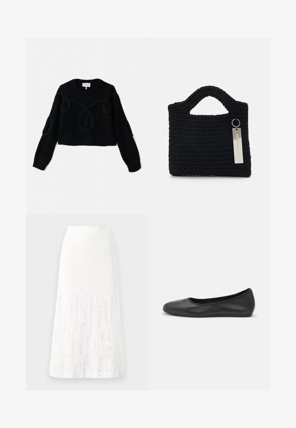 Adītas melnas džemperis ar īsu dizainu, teksturētu audumu un pīvotām akcentiem priekšpusē un piedurknēs.; Adīts balts midi svārki ar teksturētu rakstu, kas ietver vertikālas līnijas un izgriezumus pie apakšmalas. Elastīgs vidukļa jostasvads. Mīksts materiāls.; Melna ādas baleta kurpe ar noapaļotu purngalu, gludu tekstūru, minimālu šuvju detalizāciju un elastīgu zoles dizainu.; Won Hundred MARSIELLE COMPUTER BAG UNISEX - Klēpjdatora soma - black