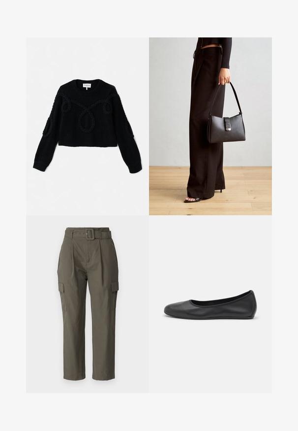 Kootud must sviiter, millel on lühendatud disain, tekstureeritud kangas ning põimitud aktsendid ees ja varrukatel.; Õlipüüdid oliivrohelises värvuses, valmistatud kergest kangast. Omadusteks on vööga talje, esiservade voltimine ja küljetaskud klapiga.; Musthave mustika tantsutossud mustast nahast, ümmarguse varbaga, siledast tekstuurist, minimaalse õmblusdetailiga ja paindliku tallakujundusega.; Must musta kott, millel on struktureeritud kuju, sile tekstuur ja metallist klamber. Kombineeritud laiate mustade pükstega ja avatud varvaste sandaalidega puidust põrandal.