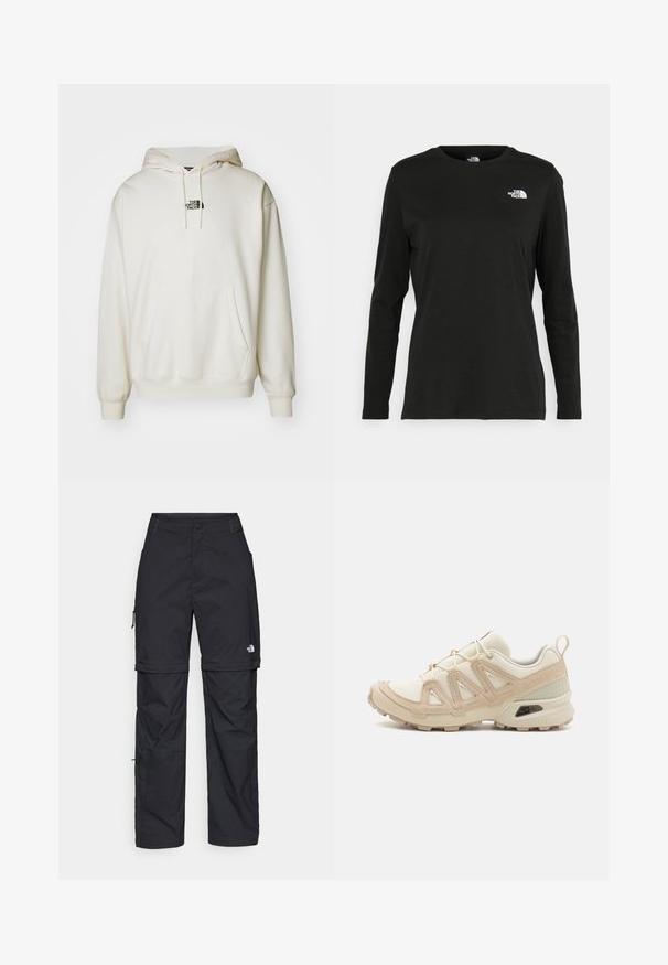 Krémová mikina s predným vreckom, nastaviteľnou kapucňou so šnúrkou a malým čiernym logom na hrudi. Mäkká tkanina a rebrované manžety.; Čierne tričko s dlhým rukávom vyrobené z bavlny s okrúhlym výstrihom. Obsahuje malé biele logo na ľavej strane hrudníka. Jednoduchý dizajn a strih.; Čierne nylonové cargo nohavice s odnímateľnými nohavicami, nastaviteľnými manžetami, viacerými vreckami a logom na pravej nohe. Hladká, ľahká textúra.; Beige a krémová športová obuv s textúrovaným sieťovým zvrškom, podporujúcimi prekrytiami a gumovou podrážkou s dezénom pre trakciu.