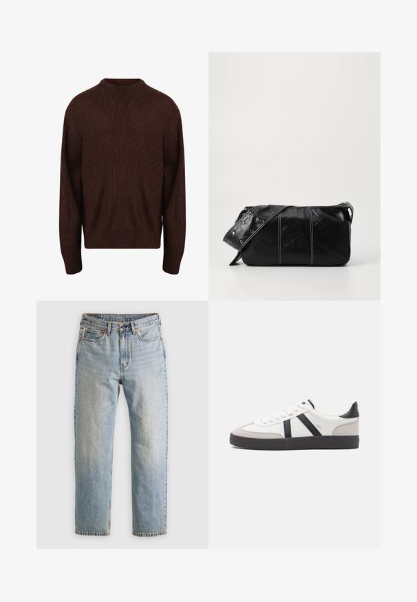 Redefined Rebel MILTON BOXY FIT - Jumper - demitasse; Light blue denim jeans with high waist, front button, zipper, and five-pocket design, laid flat on a neutral background.; White sneaker with black and gray accents, featuring a textured gray toe cap, black rubber sole, and flat white laces. Clean design, minimalist style.; Black leather shoulder bag with a zip closure, featuring a textured body, white stitching, and a strap with silver grommets.