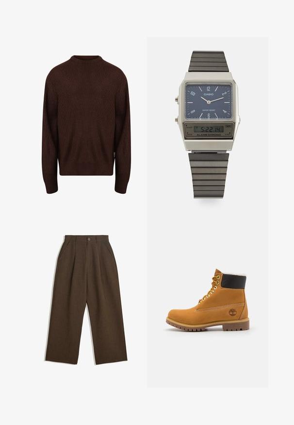 Redefined Rebel MILTON BOXY FIT - Svetr - demitasse; Hnědé skládací kalhoty s širokým střihem, vybavené zapínáním na knoflík a bočními kapsami, vyrobené z texturované tkaniny vhodné pro volnočasové nošení.; Hnědá kožená kotníková bota s kovovými očka, bílou kožešinovou podšívkou, černým polstrovaným límcem, robustní podrážkou a raženým logem na boku.; Digitální hodinky Casio s modrým ciferníkem, stříbrným pouzdrem a vrstveným černým gumovým remínkem. Zobrazuje čas a nastavení alarmu. Voděodolné.