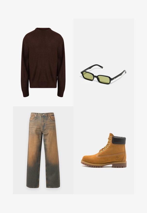 Redefined Rebel MILTON BOXY FIT - Vesta - demitasse; Suberane traperice širokih nogavica u ispranom plavom i smeđem denimu. Imaju visoki struk, prednje džepove i klasično dugme sa metalnim detaljima.; Antracitne antilop čizme do gležnjeva s crnim podstavljenim ovratnikom, zlatnim metalnim rupicama, bijelim šavovima i robusnom gumenom potplatom s izraženim šarama.; Crne sunčane naočale s kutnim dizajnom, zelenim staklima i glatkim plastičnim okvirom. Imaju zlatne detalje na naramenicama.