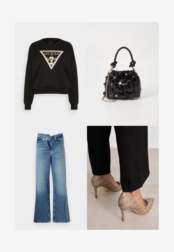 Fekete pulóver cropped fazonnal, beige színű, fémes részletekkel ellátott háromszög logóval. Bordázott mandzsetta és alsó szegély, puha anyagból készült.; Világoskék, harang szabású farmernadrág magas derékkal, két gombbal és elülső zsebekkel. Az anyag megjelenése kopott, apró eltérésekkel.; Beige magassarkú cipők texturált anyagból, ismétlődő mintával. Hegyes orrú kialakítás, hátsó díszítéssel és arany sarkú részlettel.; Fekete flitteres mini kézitáska csomózott textúrájú pánttal és ezüst lánccal. Lekerekített forma, ráncolt tetejével és fényvisszaverő részletekkel.