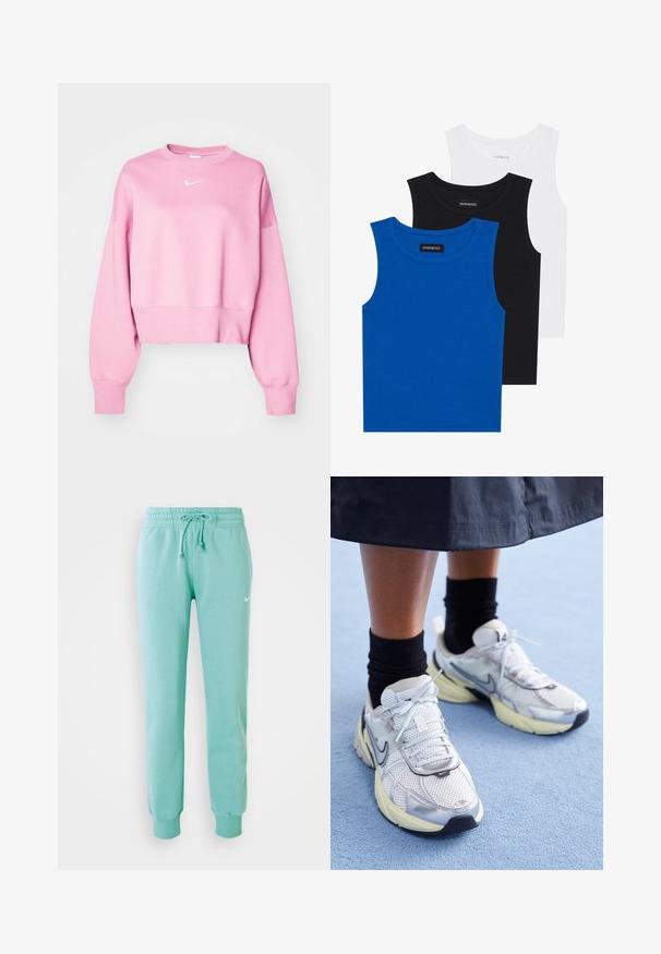 Sweatshirt cropped rosa feito de tecido macio. Mangas longas e largas com punhos canelados. Apresenta um pequeno logo branco da Nike no peito.; Três camisetas sem mangas em azul, preto e branco. O tecido é canelado com um decote redondo. Cada camiseta tem uma etiqueta com a inscrição "even&odd."; Calças de moletão verde menta com uma cintura elástica, cordão e punhos canelados. Apresenta um pequeno logotipo branco da Nike na coxa esquerda.; Sapatilhas Nike brancas e prateadas com tecido em malha, detalhes refletivos e sola bege. Usadas com meias pretas, de pé sobre uma superfície azul.