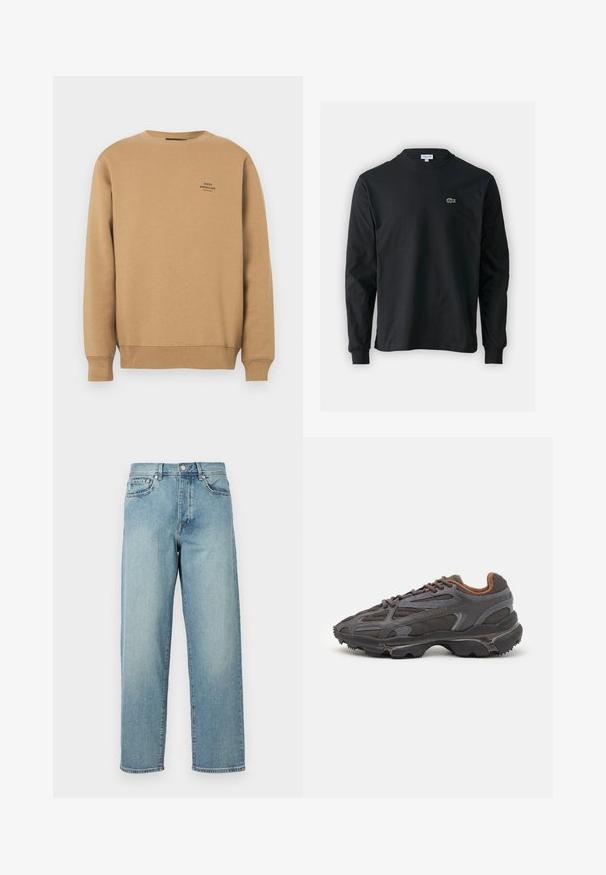 Beige crewneck sweatshirt with ribbed cuffs and hem, featuring small black "Mads Nørgaard Copenhagen" logo on chest left side.; Black long-sleeve t-shirt made of cotton, featuring a round neckline and a small green embroidered crocodile logo on the left chest.; Light blue denim jeans with a loose fit, straight legs, five-pocket design, and a button closure at the waist. Minimalistic stitching detail.; Lacoste sneakers in dark gray with mesh and synthetic material, featuring a textured sole and brown accents on the collar and branding.