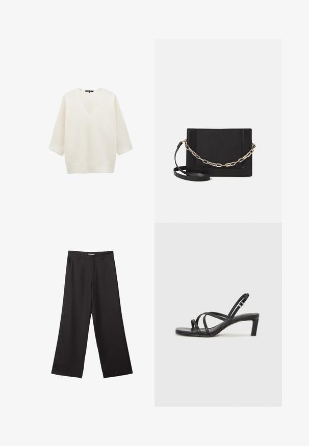 Weißer Pullover mit tiefem V-Ausschnitt, kurzen weiten Ärmeln und geripptem Saum. Hergestellt aus weichem, strukturiertem Material.; Schwarze weite Hosen aus glattem Stoff, mit einem Reißverschluss vorne und zwei seitlichen Taschen, maßgeschneiderter Passform und minimalistischem Design.; Schwarze Sandale mit Riemchen, quadratischer Zehenform und niedrigem Blockabsatz. Verfügt über mehrere dünne Riemen und einen verstellbaren Knöchelriemen. Hergestellt aus glattem Leder.; Schwarze Leder-Crossbody-Tasche mit glatter Textur, rechteckiger Form und metallic-kettendetail auf der Vorderseite. Verstellbarer Gurt inklusive.