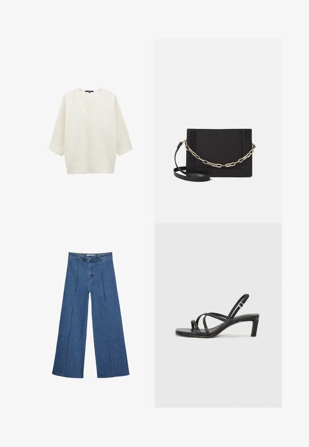 Weißer Pullover mit tiefem V-Ausschnitt, kurzen weiten Ärmeln und geripptem Saum. Hergestellt aus weichem, strukturiertem Material.; Weite Jeans aus Denim in Mittelblau, mit hoher Taille, Knopfverschluss und kontrastierenden vertikalen Nahtdetails an der Vorderseite.; Schwarze Sandale mit Riemchen, quadratischer Zehenform und niedrigem Blockabsatz. Verfügt über mehrere dünne Riemen und einen verstellbaren Knöchelriemen. Hergestellt aus glattem Leder.; Schwarze Leder-Crossbody-Tasche mit glatter Textur, rechteckiger Form und metallic-kettendetail auf der Vorderseite. Verstellbarer Gurt inklusive.