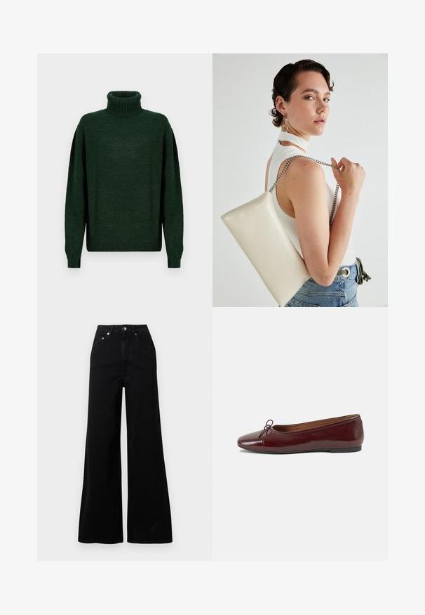 Dunkelgrüner Strick-Turtleneck-Pullover mit lockerer Passform, gerippter Textur am Kragen und an den Bündchen sowie überschnittenen Schultern für einen geschichteten Look.; Schwarze Jeans mit weitem Bein, gefertigt aus Denim, mit hoher Taille, fünf Taschen, vorderer Knopfverschluss und minimalen Nahtdetails.; Burgunderfarbenes, lackiertes Ballettschuh mit abgerundetem Zehenbereich, kleiner Schleifenakzent vorne und einer niedrigen, schwarzen Gummisohle. Glatte Textur.; Weiße rechteckige Clutch aus glänzendem Material mit einem silbernen Kettenriemen. Das Model posiert und präsentiert die Tasche vor einem schlichten Hintergrund.