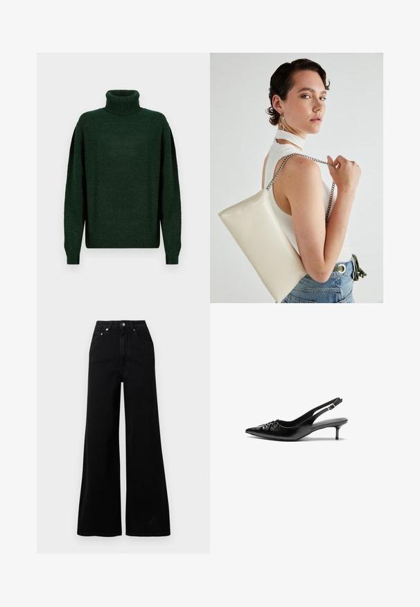 Tumši zaļš adīts augsto apkakli džemperis ar brīvu piegriezumu, ribotas tekstūras apkaklītē un aprocēs, kā arī nolaižamiem pleciem, lai radītu slāņainu izskatu.; Melnas platas tiesas džinsi no džinsa auduma ar augstu jostasvietu, piecām kabatām, priekšpusē ar pogu aizdari un minimālu šuvju detaļām.; Melni ādas sandales ar norādītu pirkstu, mazu kaķa papēdi un dekoratīvu mezglu detaļu priekšā. Gluda tekstūra visā virsmā.; Balts taisnstūra clutch soma, izgatavota no spīdīga materiāla, ar sudraba ķēdes siksnu. Modelis pozē, demonstrējot somu uz vienkārša fona.