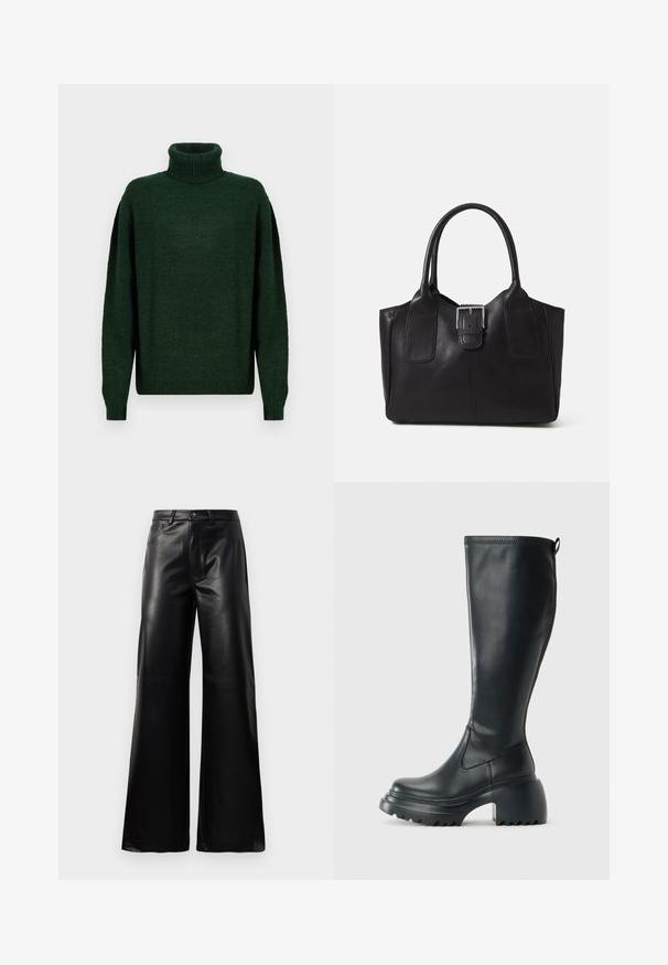 Mörkgrön stickad polotröja med avslappnad passform, ribbad textur vid kragen och ärmsluten samt sänka axlar för en lager-på-lager look.; Svarta högmidjade vida byxor i konstläder med framknapp, dragkedjestängning, bältesöglor och sidofickor på vit bakgrund.; Höga svarta läderstövlar med kraftig plattformssula och blockklack, med dragflik och strukturerat mönster på yttersulan.; Svart läder tote-väska med slät yta, strukturerad form, två handtag och en framträdande silverfärgad spänne på framsidan.