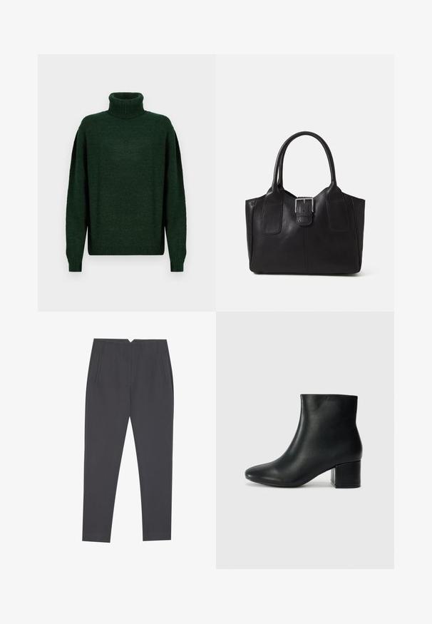 Tume roheline kudum turtleneck-sviiter, millel on lõdvestatud sobivus, ribakujuline tekstuur krae ja mansettides ning langetatud õlad kihilise ilmega.; Tumed hallid kitsad püksid küljetaskute ja esikortsudega, loodud kohandatud istuvuse jaoks.; Mustad nahast pahkluu saapad terava varbaga ja jämeda kandaga. Sile tekstuur minimaalse aktsentidega ja stiilne, lihvitud disain.; Mustgamma nahast kott, millel on sile tekstuur, struktureeritud kuju, kaks käepidet ja esiküljel silmapaistev hõbedane pandla detail.