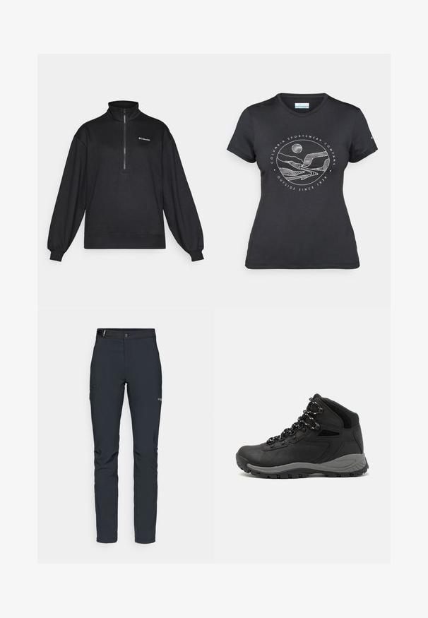 Pullover in pile nero, con mezzo zip, maniche lunghe, vestibilità ampia, polsini e orlo a coste, con logo bianco in alto a sinistra.; Maglietta nera Columbia con arte lineare bianca di una montagna circolare e un fiume, e il testo "Columbia Sportswear Company Outside Since 1938."; Pantaloni da uomo per attività all'aperto, grigio scuro, realizzati in materiale elastico, dotati di cintura, tasche con zip e cuciture rinforzate.; Stivale da trekking nero con design a metà altezza, dotato di una tomaia texturizzata, accenti grigi e suola in gomma resistente con tasselli per la trazione.