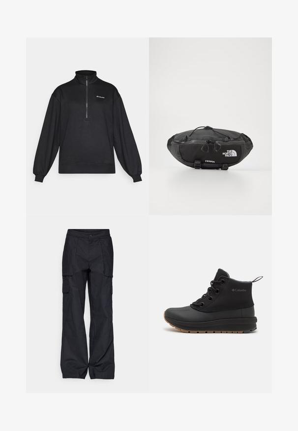 Black pullover fleece, half zip collar, long sleeves, loose fit, ribbed cuffs and hem, features logo in white on upper left.; Columbia BREA FALLS™ COTTON RIPSTOP PANT - Outdoor trousers - black; Black ankle boot made of synthetic material, featuring a smooth toe cap, textured sides, black laces, and a rubber outsole with a brown tread.; The North Face TERRA LUMBAR 3L UNISEX - Bum bag - asphalt grey/black