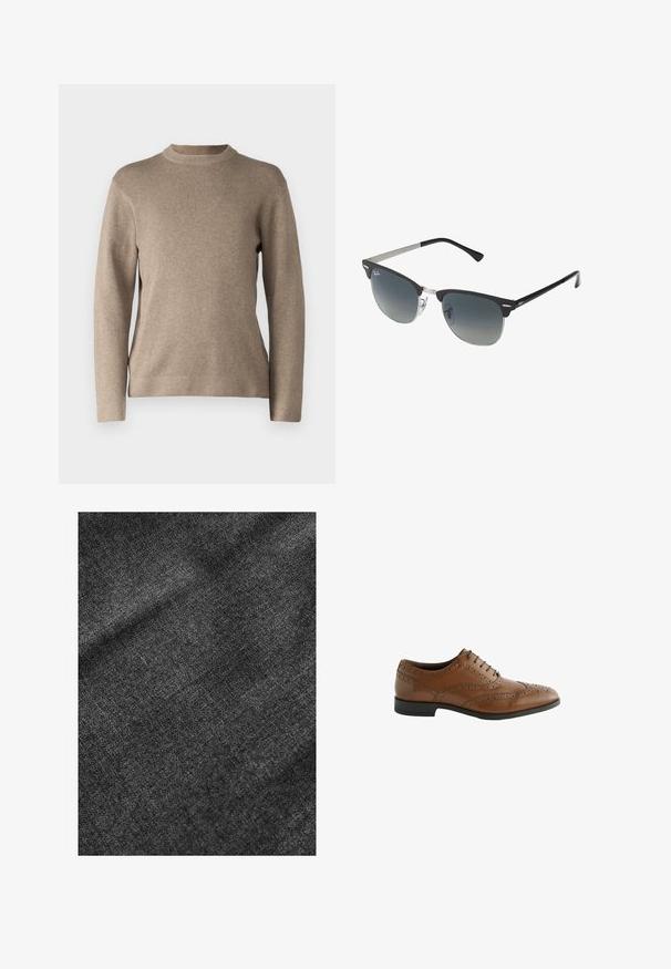 Beige színű pulóver kerek nyakkal, hosszú ujjakkal, bordás mandzsettákkal és puha, texturált anyaggal. Egyszerű dizájnnal és laza szabással rendelkezik.; Három pólóból álló csomag: egy fekete és két fehér. Mindegyik kerek nyakú, rövid ujjú, és sima pamut anyagból készült.; Textúrált fekete szövet, puha, enyhén fényes felülettel, finom szövésű mintázattal és sima eséssel.; Barna bőr öltönycipő, bonyolult broguing részletekkel, kerek orral és lapos sarokkal. Öt fűzőlyukkal és sima felülettel rendelkezik.; Fekete és ezüst napszemüveg, macska-szem forma, gradient lencsék és fémszínek a kereten. Műanyag szárak szürke végekkel.