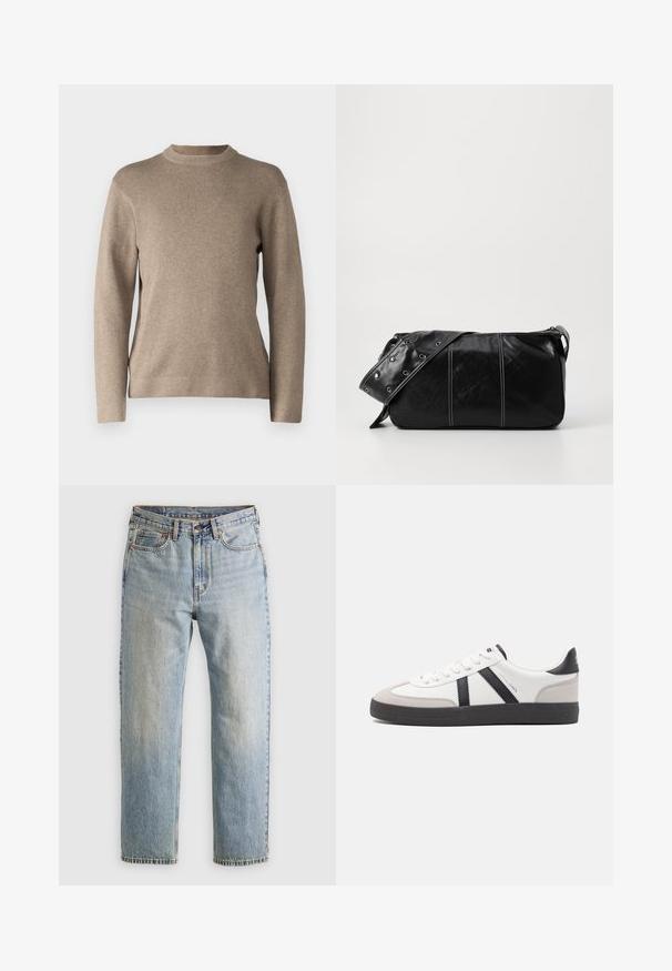Beige genser med rund hals, lange ermer, ribbede mansjetter og et mykt, teksturert stoff. Har et enkelt design og en avslappet passform.; Lys blå denim jeans med høy midje, frontknapp, glidelås og fem-lommers design, lagt flatt på en nøytral bakgrunn.; Hvite sneakers med svarte og grå detaljer, med en teksturert grå tåhette, svart gummisåle, og flate hvite lisser. Rent design, minimalistisk stil.; Svart lær skulderveske med glidelås, med teksturert overflate, hvite sømmer og en stropp med sølvringer.