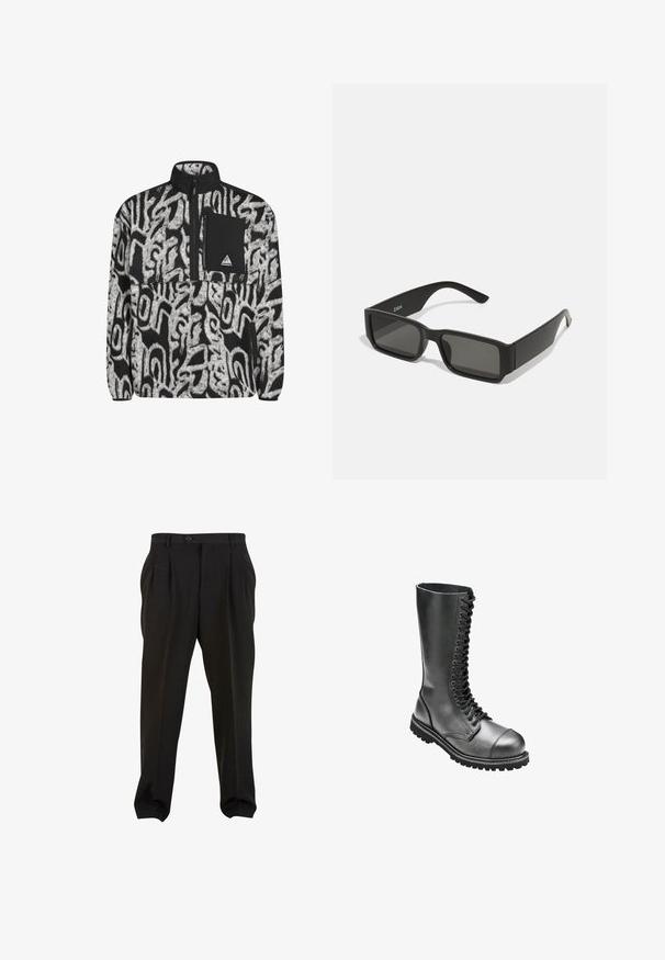 Čierny a biely flísový pulover s abstraktným vzorom, polovičný zips a čierna náprsné vrecko s logom.; Čierne nohavice s hladkým materiálom, s prednými skladmi, pásom na gombík a cappami s užším strihom okolo členkov. Klasický strih s presne tvarovaným vzhľadom.; Čierne kožené šnurovacie bojové topánky s vysokým zvrškom, okrúhlou špičkou, polstrovaným golierom a štruktúrovanou gumenou podrážkou pre lepšiu priľnavosť.; Čierne slnečné okuliare s obdĺžnikovými šošovkami, matný plastový rám a rovné hrany. Obsahujú logo značky na vnútornej strane ramenka.