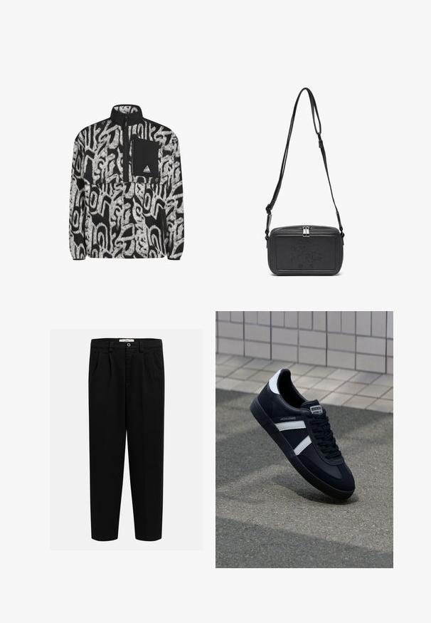 Schwarzer und weißer Fleece-Pullover mit abstraktem Muster, mit halben Reißverschluss und schwarzer Brusttasche mit Logo-Patch.; Schwarze Hosen aus weichem Stoff, mit geradem Bein, vorderen Falten und einem Knopfverschluss an der Taille.; Schwarze Leder-Sneaker mit weißen Streifen, strukturiertem Gummisohle und Schnürung. Verfügt über ein Markenetikett auf der Zunge.; Schwarze Leder-Crossbody-Tasche mit einem Reißverschluss, geprägtem Logo auf der Vorderseite und verstellbarem Riemen. Glatte Textur mit rechteckiger Form.