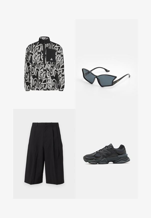 Fekete és fehér bolyhos pulóver absztrakt mintával, fél cipzáros záródással és fekete mellzsebbel, amely logó lándzsát tartalmaz.; Fekete, redőzött rövidnadrág sima textúrájú anyagból, elülső gombos záródással és széles, laza lábakkal.; Fekete futócipő, mely háló és szintetikus anyagok keverékéből készült, vastag talppal, ívelt kialakítással és hangsúlyos logóval az oldalon.; Fekete műanyag napszemüveg, geometrikus macskaszem formával, szürke lencsékkel és arany díszítéssel a szárakon. Az egész keret sima tapintású.